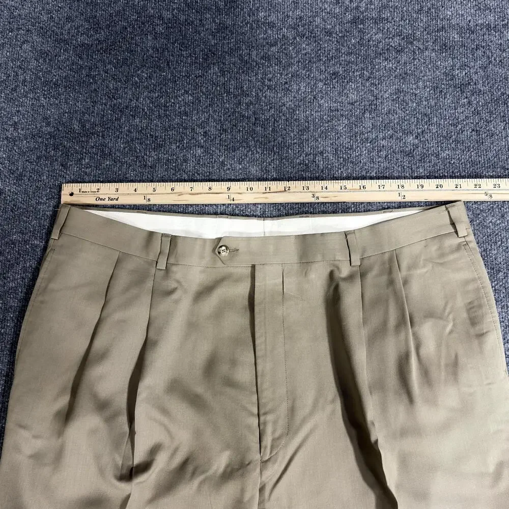 Jos A Bank Pants Mens 44L Brown Khaki 100% Wool Pleated Cuffed Dress Slacks